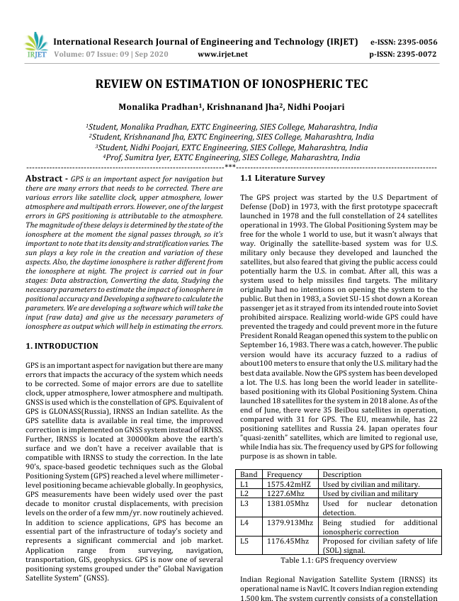 Estimation of Ionospheric TEC for GPS Error Correction 1